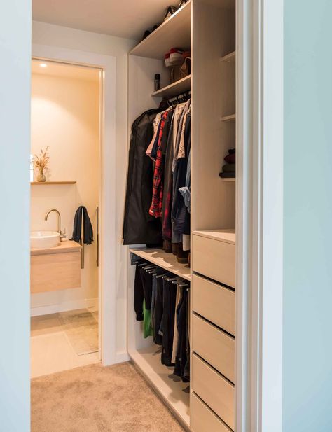 3 ways to design an ensuite you can actually afford Walk Through Closet Into Bathroom, Walk Through Closets To Bathroom, Walk In Closet To Ensuite, Walk In Closet Ensuite, Walk Through Closet To Ensuite, Dressing Room And Ensuite, Master Ensuite And Walk In Closet, Shower Dressing Room Combo, Small Room With Walk In Closet And Bathroom Layout