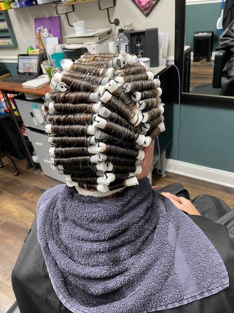 Gray Perm Rods Curls, White Rods Perm, White Perm Rods Curls, White Rod Perm, Beauty School Cosmetology, New Perm, Long Hair Perm, Roller Sets, Perm Rod Set