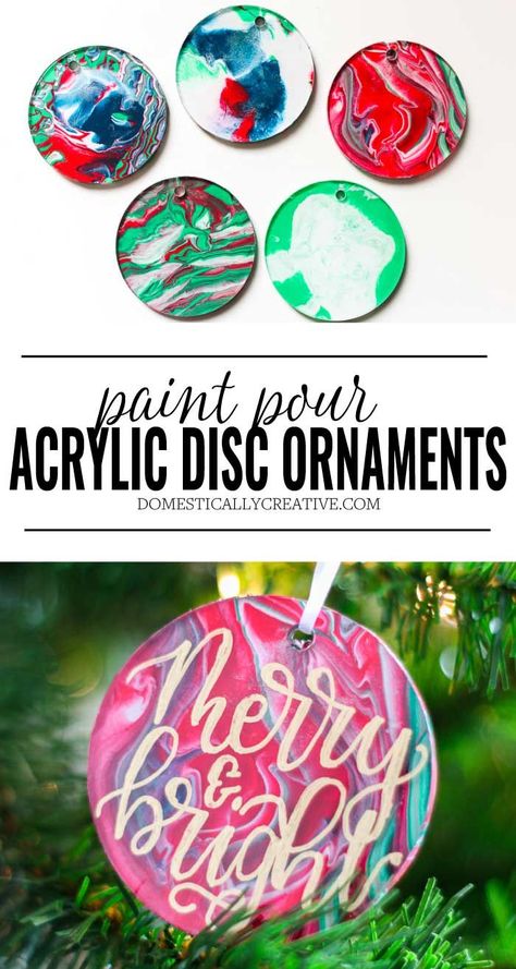 I love the idea of using a flat clear acrylic ornament for paint pouring! One side is covered in paint and the other side is perfect for hand lettering or adding vinyl! So cute!  #christmasornament #christmas #paintpour #diychristmas #diyornament #domesticallycreative Flat Acrylic Ornaments Diy, Cricut Ornaments, Ornaments Diy Kids, Clear Christmas Ornaments, Clear Ornaments, Painted Christmas Ornaments, Paint Pouring, Ornament Ideas, Pouring Painting