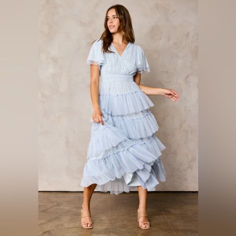 Mesh Tiered Dress Allover Mesh Dot Textured Short Sleeves Surplice Neckline Ruffle Tiers Layers Relax Fit Perfect Blue Dress, Grandma Dress, Modest Dresses For Women, Sky Blue Dress, Modest Bridal, Light Blue Wedding, Modest Prom, Dress Light Blue, Long Blue Dress