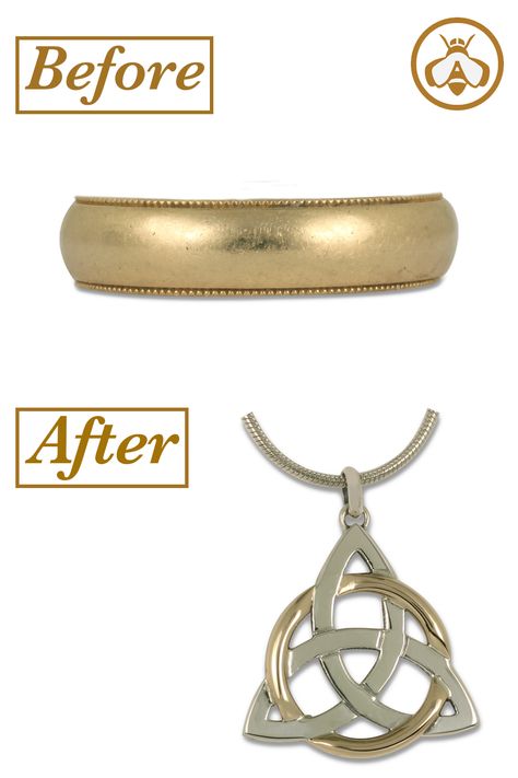 When this customer's husband passed away, she didn't know what to do with his wedding ring. She came to us. We created the Celtic trinity knot pendant shown in the "after" image, and melted down the wedding ring to create the yellow gold circle incorporated in the pendant. Reusing an old wedding ring by turning it into a pendant is a beautiful way to honor loved ones. We are always honored to be a part of these projects. Find out more or get in touch at the link. Repurposed Rings Ideas, Pendant Made From Wedding Ring, Timeless Keepsake Jewelry With Pendant, Timeless Pendant Jewelry Keepsake, Repurpose Parents Wedding Bands, Wedding Ring Made Into Necklace, Widow Wedding Ring Necklace, Wedding Ring Memorial, Wedding Ring Redesign