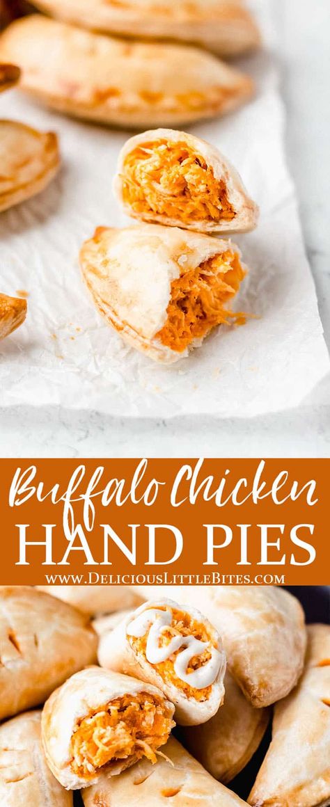 Cheesy Buffalo Chicken Hand Pies are a fun, easy way to enjoy this popular flavor. This savory hand pies recipe can be served as an appetizer, snack, or the main meal. | #handpies #savoryhandpies #chicken #buffalochicken #appetizers #tailgating #snacks Chicken Pie Crust, Buffalo Chicken Pie, Chicken Pasties, Savory Hand Pies Recipes, Tailgating Snacks, Easy Hand Pies, Savory Hand Pies, Chicken Hand Pies, Cheesy Buffalo Chicken