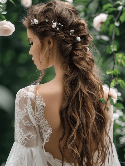 48 Marvelous Long Hair Wedding Hairstyles for Brides in Spring 2024 Bride Hairstyles Half Up Half Down With Flowers, Flowy Bridal Hair, Forest Wedding Hairstyles, Bride Hairstyles Long Hair, Wedding Hairdos For Long Hair, Side Wedding Hairstyles, Forest Wedding Hair, Fairy Wedding Hair, Whimsical Wedding Hair