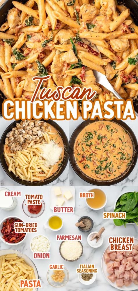 Tuscan Chicken Pasta Recipe Pasta Dinner Chicken, Tuscan Chicken Pasta Dairy Free, Chicken Tuscan Pasta Recipes, Easy Dinner Recipes Single Serving, Easy Homecooked Meals For 2, Easy Staple Dinners, Food Ideas Healthy Dinner, Cajun Chicken Pasta With Spinach, Tucson Chicken Pasta