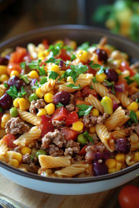 Cowboy Pasta Salad loaded with bacon, beef, and cheese. A hearty dish perfect for BBQs and potlucks. Try it today! Cowboy Pasta Salad Recipe, Cowboy Pasta Salad, Wagon Wheel Pasta, Potluck Salad, Chicken Chunks, Bowtie Pasta, Savory Chicken, Sausage Pasta, Crumbled Bacon