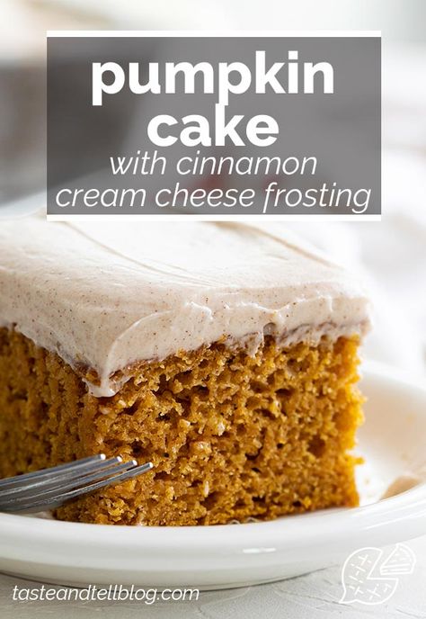 This moist pumpkin cake is filled with warm spices and is topped with a cream cheese frosting with a hint of cinnamon. This is the perfect fall dessert! #pumpkin #cake #baking #fall Gluten Free Pumpkin Cake, Pumpkin Cake With Cream Cheese, Pumpkin Cake Easy, Cinnamon Cream Cheese, Pumpkin Cake Recipes, Pumpkin Spice Cake, Thm Desserts, Cake With Cream Cheese Frosting, Cream Cheese Frosting Recipe