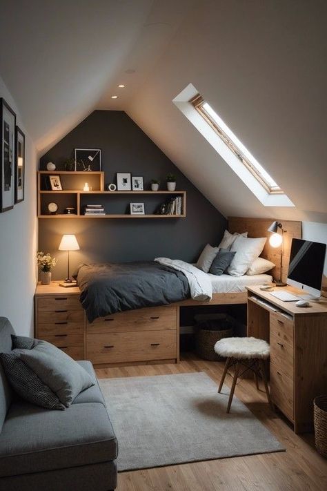 Loft Angled Ceiling, Vaulted Attic Bedroom, Platform Bed Attic Room, Small Window Room Ideas, Elevated Bedroom Design, Industrial Attic Bedroom, Home Office Angled Ceiling, Small Room Loft Bed Ideas For Low Ceiling, Small Bedroom Attic Ideas