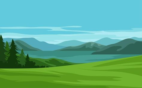 Mountain Valley Drawing, Scenery Vector Illustration, Vector Scenery Illustrations, Landscape Vector Art, Flat Landscape Illustration, Vector Illustration Background, Flat Design Illustration Landscape, Scenery Background Landscapes, Mountain Background Drawing