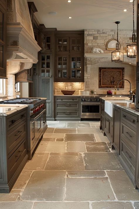 Farmhouse Stone Floor, Stone Kitchen Flooring, Concrete Living Room Floors, Farmhouse Kitchen Flooring Ideas, English Farmhouse Kitchen, Modern English Farmhouse, Stone Kitchen Floor, Slate Floor Kitchen, Farmhouse Kitchen Flooring