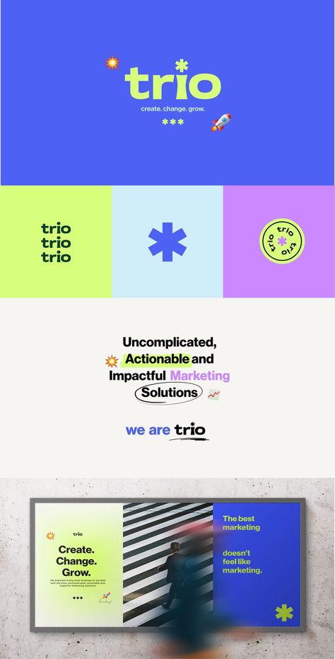 Trio Marketing Agency | Fun and Bold Brand Identity | Trio Brand Board  #logo #logoideas #logodesign Employee Branding Design, Energetic Brand Identity, Sandwich Logo Design Branding, Graphic Design Agency Advertising, Agency Branding Identity, Bold And Fun Branding, Marketing Agency Logo Brand Identity, Strategy Logo Design, Marketing Agency Moodboard