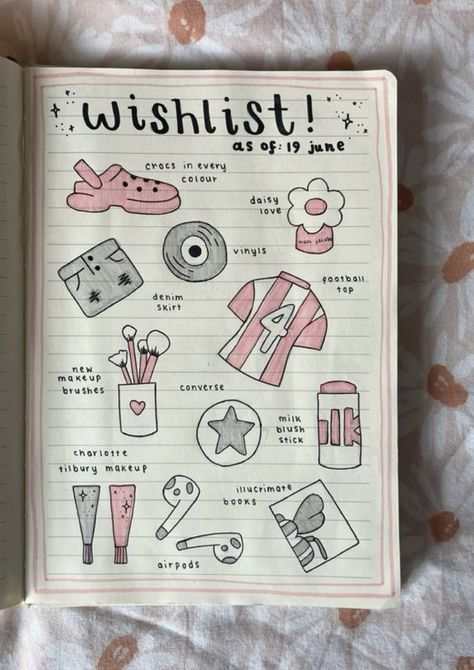 Cute Journal Writing, My Favourite Things List, Wishlist Drawing Ideas, Christmas List Journal Ideas, Simple Aesthetic Scrapbook Ideas, Aesthetic Birthday List, Bday Journal Ideas, Journal Ideas Wishlist, Christmas List Ideas Drawing