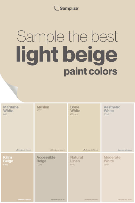 Sample the best light beige paint colors with Samplize to help elevate your space effortlessly. Sand Beige Paint Color, Asian Paint Beige Color, Soft Beige Color Palette, Light Mocha Paint Color, Light Khaki Paint Color, Sand Colored Paint, Light Beige Paint Colors Bedrooms, Light Beige Bedroom Walls, Cream Beige Paint Colors