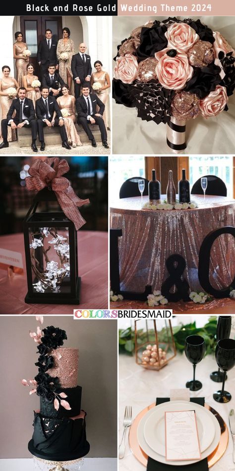 Wedding Theme Party Ideas, Black Wedding Dress Gold Bridesmaids, Dusty Pink Black And Gold Wedding, Wedding Colors Black And Rose Gold, Light Pink Black And Gold Wedding, Black Silver Rose Gold Wedding, Rose Gold And Black Bridesmaid Dresses, Black Gold And Rose Gold Wedding, Red Black And Rose Gold Wedding