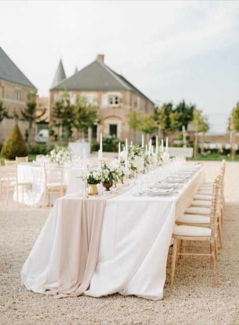 Wedding inspiration | Wedding Venues | Wedding Chateaux | Engagement | Bridesmaids | Wedding Photography | Wedding Dresses | Bride | Groom | French Wedding | Wedding in France Birthday Party Table Decorations, Gold Table Runners, Neutral Wedding Colors, Beige Wedding, Romantic Wedding Decor, Wedding Venue Inspiration, Table Runners Wedding, Wedding Palette, Wedding Reception Tables