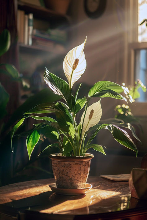 Photograph of Peace Lily plant sitting on a wooden table with some early morning light shining into the room. Plant is in a glazed pottery planter. White colored lily flowers in bloom and has vibrant green leaves. Easy Peace Lily care guide and easy tips for your favorite house plants! Peace Lilly Plants Decor, House Plants Flowers, Low Light Plants Indoor, Plant Lover Aesthetic, Kayla Aesthetic, Indoor Plants Aesthetic, Houseplants Aesthetic, House Plants Aesthetic, Letter Drawings