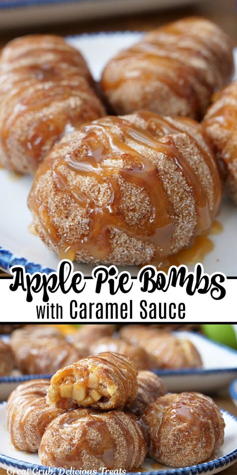 A double collage photo of apple pie bombs with caramel drizzled over them. Seasonal Treats Dessert Recipes, Apple Pie Finger Food, Apple Pie Seasoning Recipe, Apple Pie Deserts, Fried Apple Desserts, Fun Treat Recipes, Fall Treats Baking, Yummy Apple Desserts, Apple Skins What To Do With