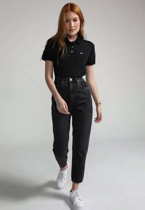 The Polo Outfit: A Timeless Trend in Women’s Fashion Polo Woman Outfit, Womens Polo Shirt Outfit Work, Polo Shirt Winter Outfit, Polo T Shirts Women Outfit, Black Polo Outfit Woman, How To Style A Polo Shirt Women, Work Polo Shirt Outfit Women, Polo Women Outfit, Black Polo Shirt Outfit Woman