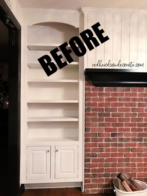 Transform your dated shelves with black paint. Our "Black Paint Magic Makeover in the Kitchen" turned into quite the magical transformation! Black Shelves On White Wall, Built In Shelf Makeover, White And Black Built Ins, Fireplace And Shelves Makeover, How To Decorate Built In Bookshelves Around Fireplace, Black Bookshelves Around Fireplace, Built In Shelves Living Room Remodel, How To Decorate Black Bookshelves, Bookshelves With Painted Backs