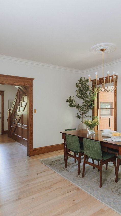 Julian Street - Victorian - Dining Room - Denver - by J Reiko Design + Co. | Houzz Green Dining Chairs Wood Table, White Upholstered Chair, Craftsman Dining Room, Dark Wood Trim, Dark Wood Dining Table, White Oak Flooring, Dark Dining Room, Green Chairs, Oak Windows