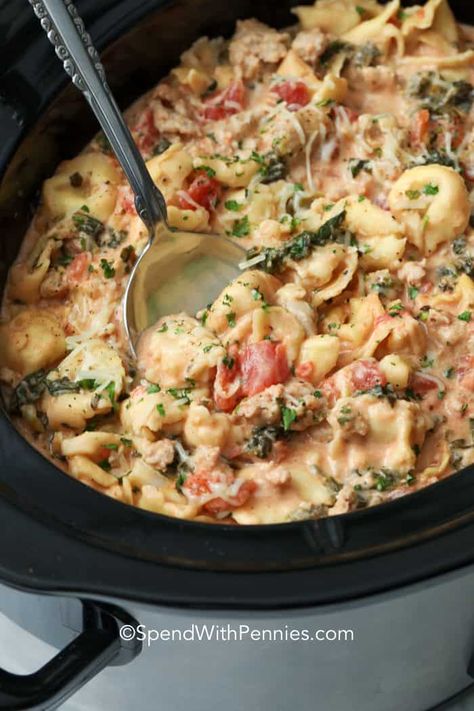 This creamy crockpot tortellini is an easy cheesy pasta dish! Made with sausage, cream cheese, and frozen tortellini it is simple to prepare and makes the most delicious supper with little effort. #spendwithpennies #creamycrockpottortellini #creamytortellini #slowcookerrecipe #crockpotrecipe #pastadish #creamypastasauce Tortellini Recipes Crockpot, Pasta With Cream Cheese, Tortellini Crockpot, Lazy Crock Pot Lasagna, Crock Pot Pasta, Crockpot Tortellini, Crockpot Lasagne, Crock Pot Tortellini, Cheese Tortellini Recipes