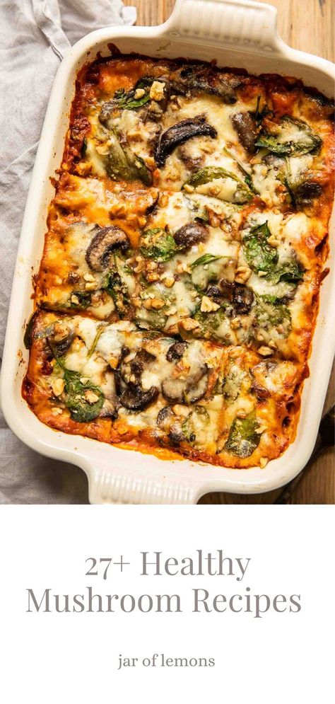 Want to know what to make with mushrooms? This list of 27+ Healthy Mushroom Recipes includes some of the best ideas! From mushroom pasta, to pizza, soups, and casseroles, these recipes are easy to make, wholesome, and SO delicious. Pick out a few of your favorites for a meal you can make in no time at all! Healthy Dinner Recipes Mushrooms, Healthy Recipe With Mushrooms, Mediterranean Diet Recipes Mushrooms, Mushroom Dinner Recipes Healthy, Meals Using Mushrooms, Veggie Mushroom Recipes, Healthy Mushroom Side Dishes, Recipe With Mushrooms Healthy, Healthy Mushroom Dinner