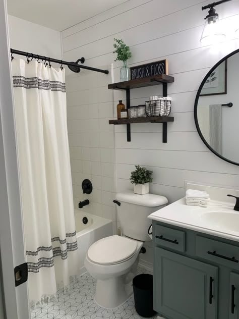 Shiplap Wall Bathroom Modern, Dark Green Accent Bathroom, Black Cream And Green Bathroom, Black Wall Guest Bathroom, Gray White Green Bathroom, Grey And White Farmhouse Bathroom, Farmhouse Bathroom Shiplap Accent Wall, Farmhouse Bathroom Green Vanity, Small Bathroom Ideas Green Vanity