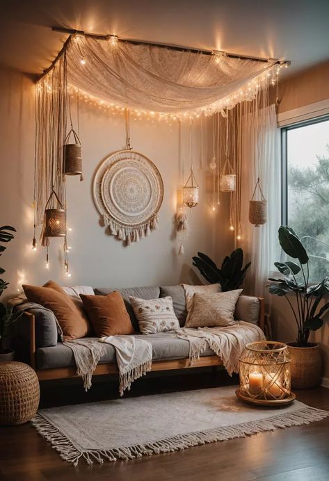 Aesthetic Hang Out Room Ideas, Orange Boho Living Room, Boho Chic Bedroom Ideas, Charlotte Aesthetic, Sala Zen, Boho Fans, Cozy Bohemian Living Room, Boho Corner, Boho Chic Aesthetic