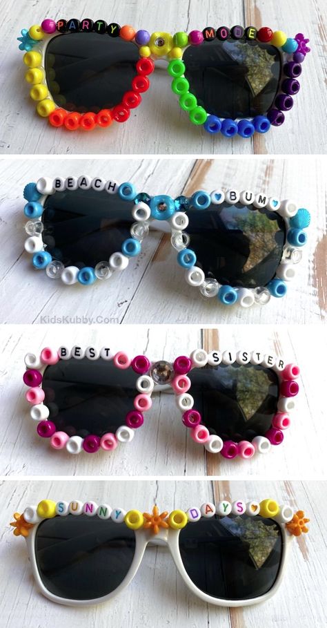 Fun and easy craft idea for kids and teens to make at home when boredThey are going to love this simple project using beads and a hot glue gunThese DIY beaded sunglasses are great for parties and photo boothsThey're cute enough to make and sell Sunglasses With Beads, Teen Summer Crafts, Diy Sunglasses, Beaded Sunglasses, Craft Projects For Kids, Camping Crafts, Cool Sunglasses, Summer Diy, Fun Diy Crafts