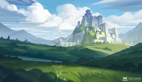 ArtStation - green castle landscape illustration, Top Cats Green Castle, Art Camp Projects, Castle Landscape, Cat Castle, Castle Illustration, Anime Kingdom, Castle Background, Landscape Background, Fantasy City