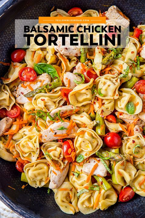 Balsamic Chicken Tortellini Salad is a simple, Italian-inspired pasta salad full of chicken, veggies and a balsamic dressing. Delicious served warm or cold. Balsamic Chicken Tortellini, Tortellini Pasta Salad With Chicken, Chicken Tortellini Salad Cold, Balsamic Chicken Side Dishes, Balsamic Chicken Pasta Salad, Chicken Tortellini Recipes Healthy, Chicken Tortellini Pasta Salad, Healthy Tortellini Recipes, Chicken Tortellini Recipes