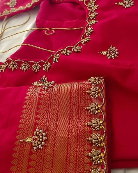 Saree Blouse Ideas (@blouse_saree_trends) • Instagram photos and videos Red Saree Work Designs, Embroidery For Blouses Saree, Blouse Designs For Work Sarees, Simple Bride Blouse Designs, Work On Blouses Indian, Hand Work Designs For Blouses, Blouse Designs Simple Pattern, Blouse Work Simple Designs, Blouse Neck Embroidery Design