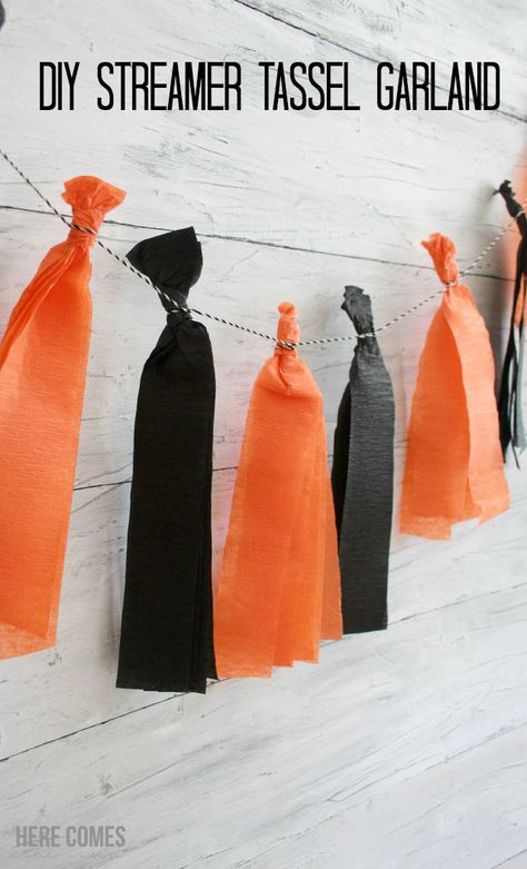 A Streamer Tassel Garland is a cheap and easy party decoration. Learn how to make one with this simple tutorial. Streamer Decorations Halloween, Halloween Streamer Ideas, Easy Streamer Decorations, Party Streamer Ideas, Decorating With Streamers, Streamer Ideas, Overwatch Birthday, Ideas For Party Decorations, Camp Decorations