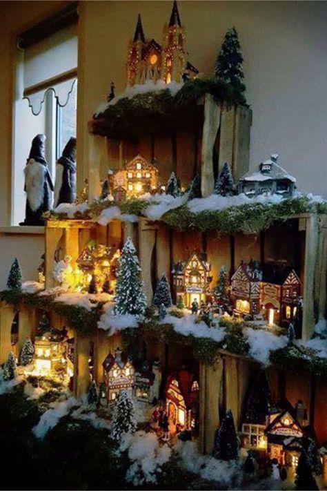 DIY Christmas Decorating Ideas - Christmas Village set up ideas - use wooden crates to display your Christmas village decorations for easy Christmas decor on a budget Village Set Up Ideas, Christmas Village Set Up Ideas, Christmas Decor On A Budget, Unusual Christmas Decorations, Christmas Village Decorations, Set Up Ideas, Easy Christmas Decor, Christmas Village Sets, Christmas Decorating Ideas