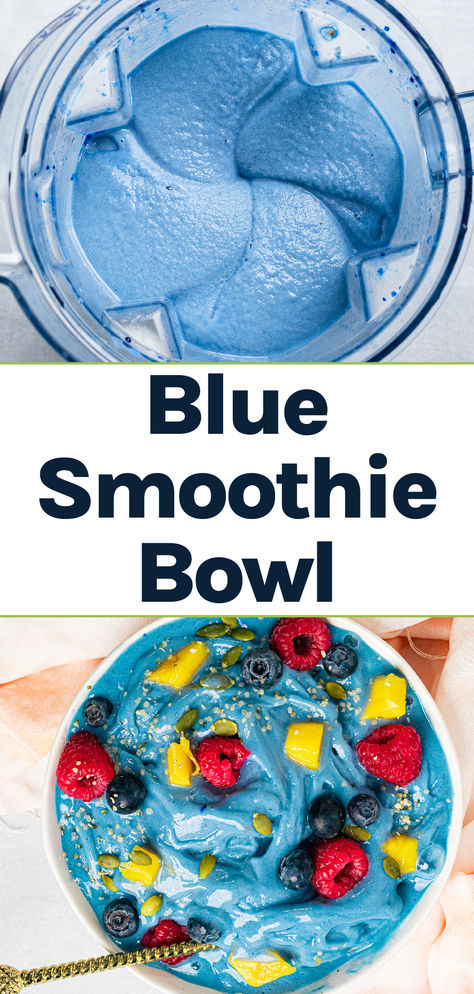 A vegan blue smoothie bowl in both a blender and a bowl. Blue Acai Bowl Recipe, Frozen Smoothie Bowl Recipe, Berries Healthy Recipes, Blue Smoothie Bowl Recipe, Blue Majik Smoothie Bowl, Blue Bowl Recipes, Blue Spirulina Smoothie Bowl, How To Make Acai Bowl, Blue Spirulina Recipes