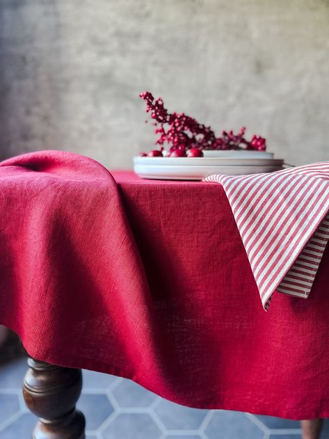 Stonewashed Christmas Linen Tablecloth in Stylish Dusty - Etsy Australia Red Tablecloth Christmas Table, Simple Edges, Round Christmas Tablecloth, Christmas Table Linen, Christmas Tablecloth, Winter Table, Valentines Day Dinner, Christmas Linen, Table Scape