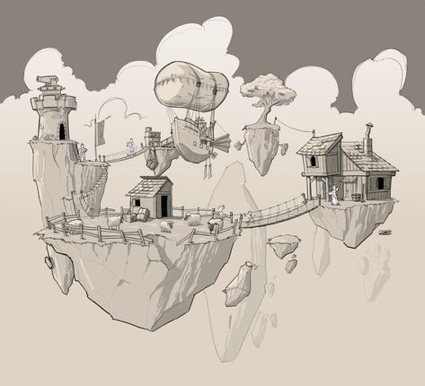 ArtStation - Floating Home Trader Lifestyle, Sky Island, Autodesk Sketchbook, Sketchbook Inspo, Floating Island, Sketchbook Pro, Floating City, Pen Art Drawings, City Drawing