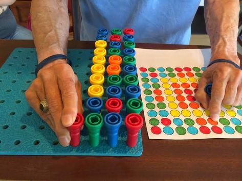 Cognitive Activity using Peg Board for Speech Therapy in SNF Cognitive Exercises, Nursing Home Activities, Cognitive Activities, Occupational Therapy Assistant, Skilled Nursing Facility, Recreation Therapy, Occupational Therapy Activities, Vision Therapy, Cognitive Therapy