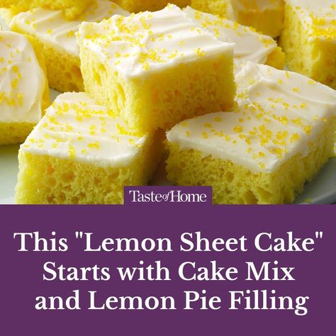 You've NEVER had a cake like this! 🍋 Click the link in our bio for the full recipe. ⁠ ⁠ #sheetcake #cakestagram #lemoncake #dessertideas #dessertrecipes #tasteofhome What To Make With Lemon Pie Filling, Lemon Sheet Cake With Glaze, Lemon Cake With Lemon Pie Filling, Lemon Pie Filling Recipes Canned, Lemon Pie Cake, Recipes Using Lemon Pie Filling, Recipes With Lemon Cake Mix Boxes, Doctored Lemon Cake Mix Recipes, Recipes With Lemon Pie Filling