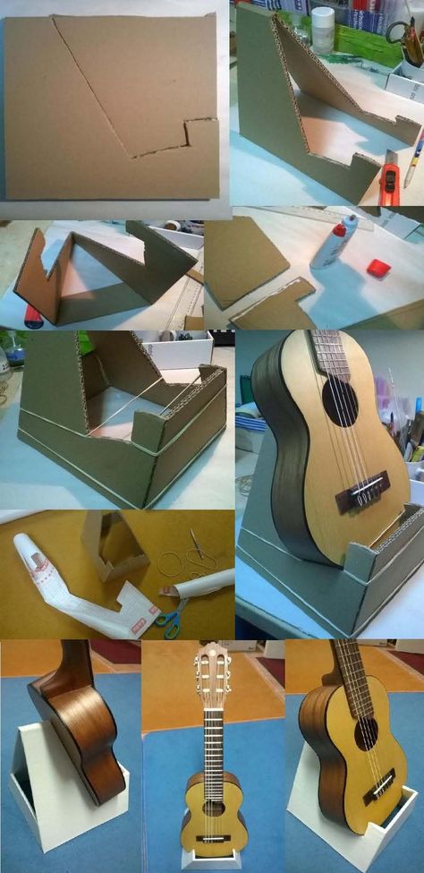 Diy Ukulele Stand, Cardboard Guitar Stand, Ukelele Decoration Ideas, Guitar Holder Diy, Ukulele Decoration, Diy Guitar Stand, Akordy Na Ukulele, Ukulele Holder, Ukulele Diy