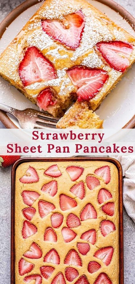 Strawberry Sheet Pan Pancakes, Strawberry Pancake Muffins, Strawberry Waffles Recipe, Strawberry Pancakes Recipe, Recipe Runner, Sheet Pan Pancakes, Pan Pancakes, Strawberry Pancakes, Strawberry Breakfast