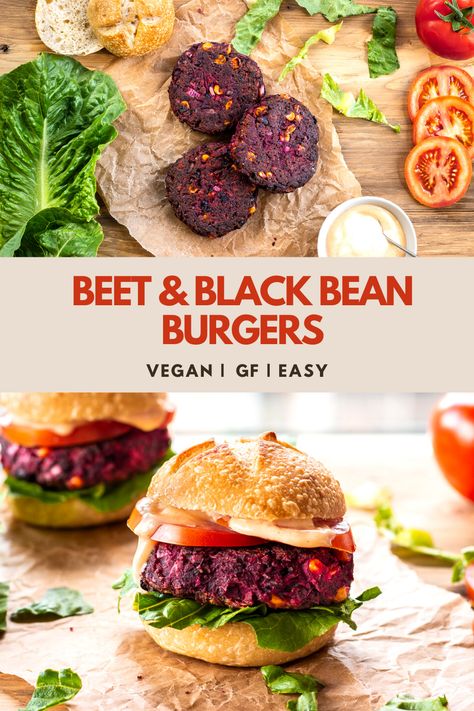 Black Bean Beet Burger, Beet Burgers Recipe, Beet Burgers Vegan, Black Beans Burger Recipe, Vegan Rissoles, Vegan Beet Burger, Beet Burger Recipe, Easy Veggie Burger, Beet Burgers