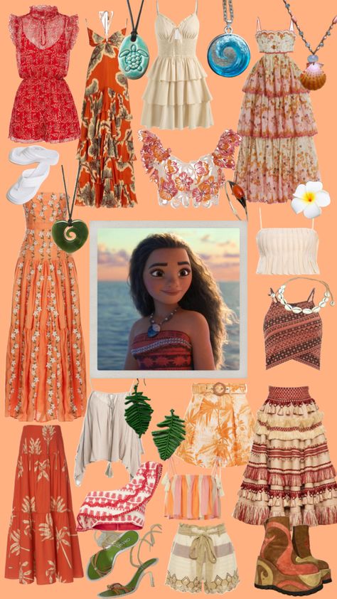 Moana #moana #disneyfashionseries #disney #disneybound #orange #peach #cream #outfitinspo #disneyprincess #summer #tropical Tropical Look Outfit, Merida Inspired Outfits Casual, Moana Inspired Dress, Moana Style Outfit, Tropical Inspired Outfit, Raya Inspired Outfits, Moana Bounding, Disney Princess Outfit Inspiration, Disney Bounding Moana