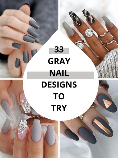 Greyish Nails Designs, Gray French Tip Nails Almond, Nail Ideas Grey And White, Classy Gray Nails, Gray And Gold Nail Designs, Fall Grey Nail Designs, Gray Nails With Design Fall, Gray Almond Nails Design, Matte Grey Nails Design