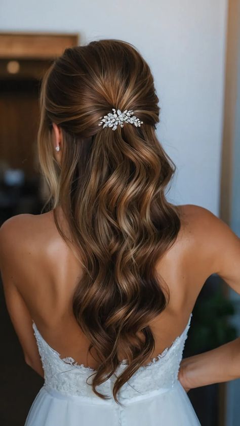 Chic and Stylish: 15 Bridesmaid Hair Inspo Ideas You’ll Love - Fads Wedding Hair Inspiration Brunette, Brunette Hair Styles Wedding, Wedding Hairstyles For Long Hair Dark, Wedding Hair Mostly Down, Messy Hairstyles For Long Hair Wedding, Half Up Half Down Bridesmaid Hair Brunette, Bridal Half Up Do, Bridesmaid Hair Inspo Long Hair, Wedding Hair Brown Long