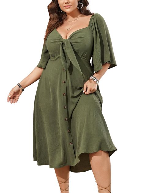 PRICES MAY VARY. Material: This Plus size dress is made in lightweight and skin-touch, soft and flowy texture fabric. It's a great choice to be one of your summer dress collection Design: Plus size dresses for curvy women is in tie front deep v neck design, it's good to shape your figure and show a deep v-neckline, the ruffle 3/4 sleeve is perfect to embellish your arm, back smocked is comfortable to fit your curves, and the button decorates this flowy dress in more fashion Feature: Plus size dr Plus Size Women Beach Outfits, Tea Party Plus Size Outfit, Plus Size Autumn Dress, Size 16 Dresses For Women, Plus Size Women’s Clothes, Plus Size Casual Wedding Outfit, Dress Ideas For Busty Women, Dress For Round Body Type, Summer Outfits Greece Vacations