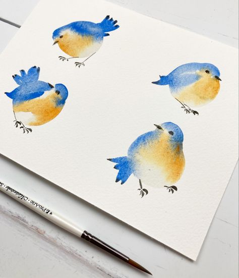 Bluebird Watercolor Paintings, Watercolor Birds Easy Step By Step, Watercolour Birds Tutorial, Easy Watercolor Birds For Beginners, Easy Bird Watercolor, Easy Watercolor Birds Painting Tutorials, Easy Watercolor Inspiration, Watercolor Blue Bird, Simple Watercolor Birds