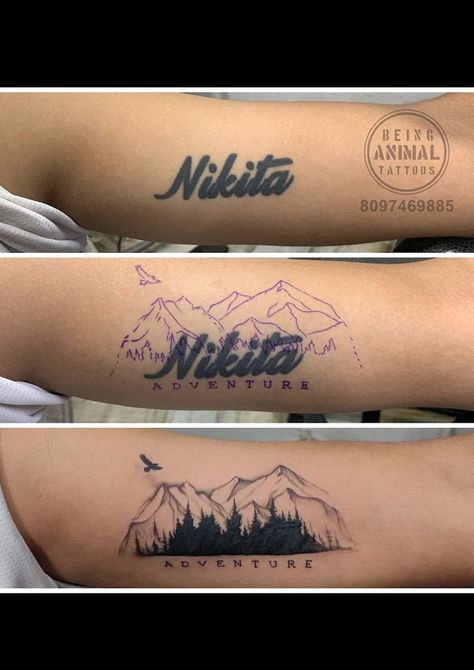 name coverup mountain tattoo by being animal Coverup Tattoo Ideas For Men Forearm, Cover Up Tattoos For Men Arm, Cover Up Name Tattoos, Hand Tattoo Cover Up, Coverup Tattoo Ideas, Arm Cover Up Tattoos, Forearm Cover Up Tattoos, Cover Up Tattoos For Men, Tatuaje Cover Up