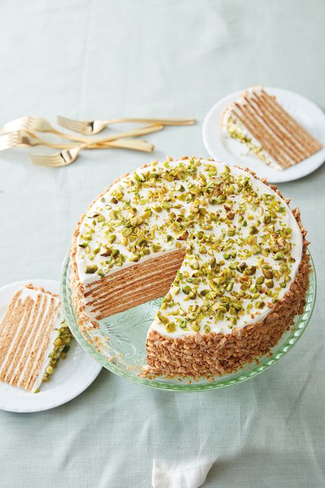 Eight-Layer Honey-Pistachio Cake Recipe | Williams Sonoma Taste Honey Pistachio, Pistachio Cake Recipe, Tasty Sweets, Pistachio Cake, Food Cakes, Sweet Cakes, Williams Sonoma, Let Them Eat Cake, Layer Cake