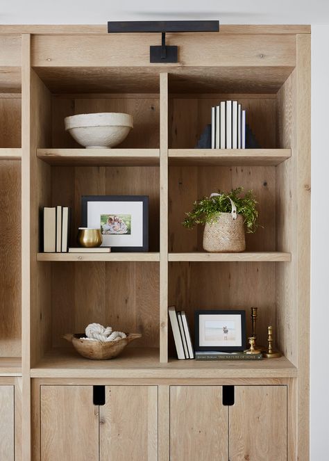 Built In Oak Shelves Living Room, Wood Shelves Entertainment Center, Oak Office Built Ins, Light Oak Built Ins, Styled Entertainment Center, Transitional Living Room Built Ins, Light Wood Built Ins, Built In Bookshelves Entertainment Center, Built In Cabinetry Living Room