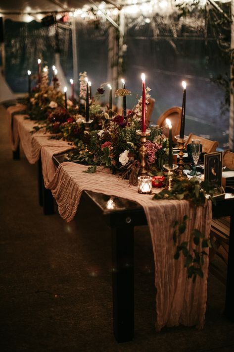 Candles As Centerpieces Wedding, Romantic Woodland Wedding, Dark Whimsical Wedding Theme, Forest Wedding Dinner, Burgundy Forest Wedding, Moody Earthy Wedding, Black Forest Wedding Theme, Emerald Rustic Wedding, Moody Castle Wedding